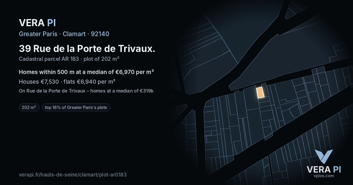 39 Rue de la Porte de Trivaux, Clamart at night – the plot lit, the parcels around coloured by the prices near them