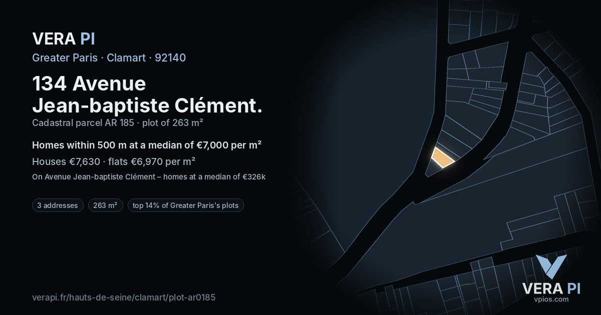 134 Avenue Jean-baptiste Clément, Clamart at night – the plot lit, the parcels around coloured by the prices near them