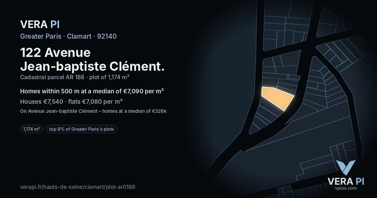 122 Avenue Jean-baptiste Clément, Clamart at night – the plot lit, the parcels around coloured by the prices near them