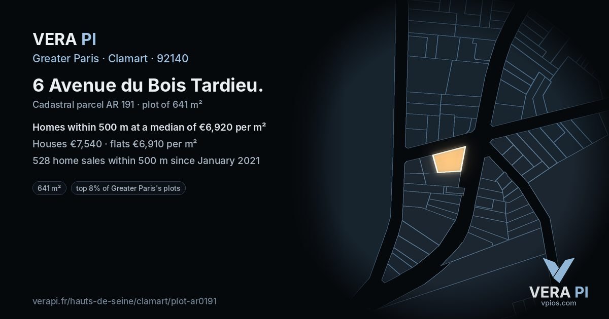 6 Avenue du Bois Tardieu, Clamart at night – the plot lit, the parcels around coloured by the prices near them