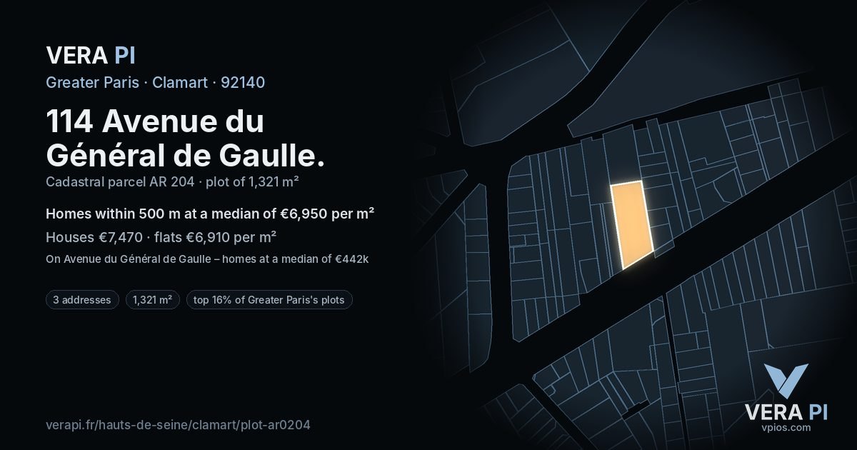 114 Avenue du Général de Gaulle, Clamart at night – the plot lit, the parcels around coloured by the prices near them