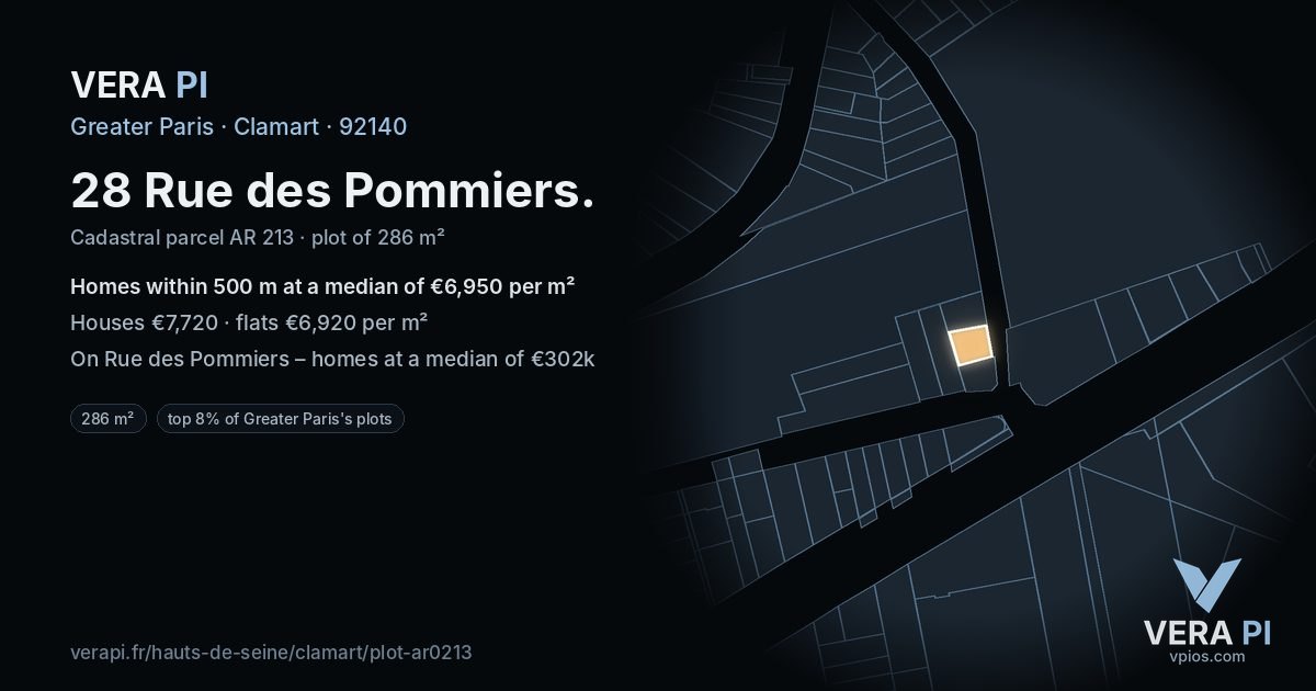 28 Rue des Pommiers, Clamart at night – the plot lit, the parcels around coloured by the prices near them