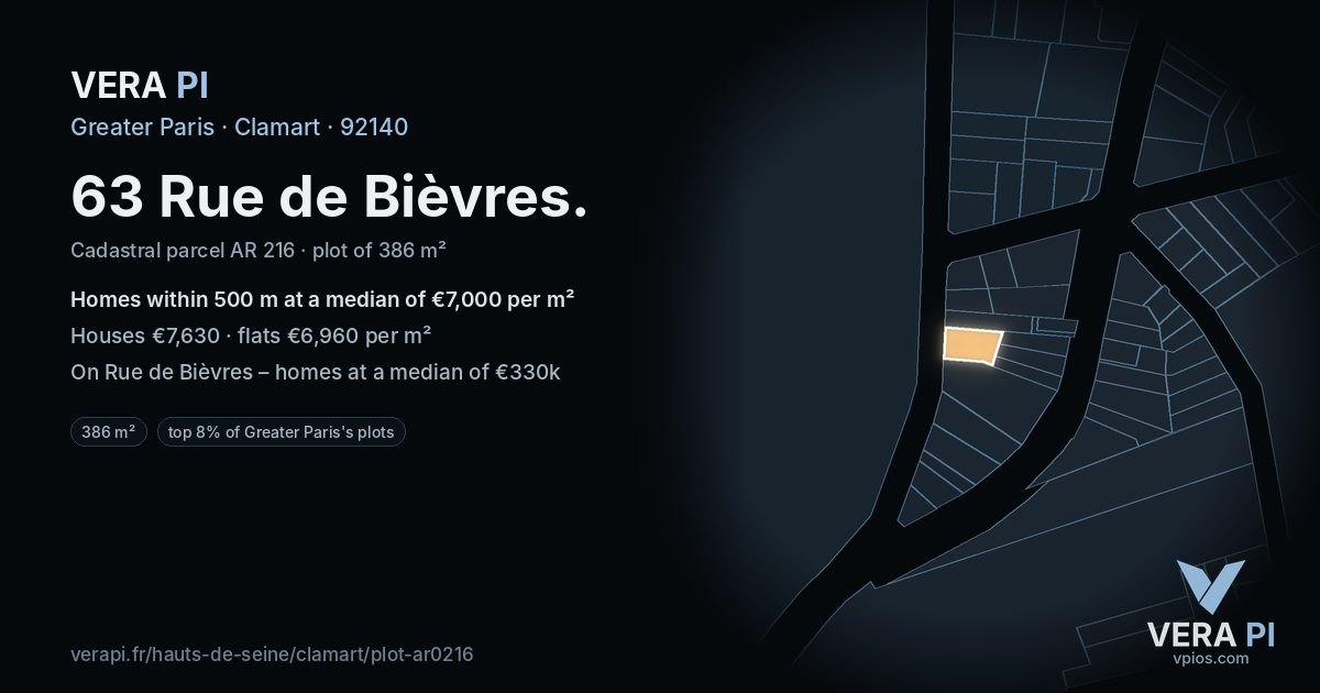 63 Rue de Bièvres, Clamart at night – the plot lit, the parcels around coloured by the prices near them