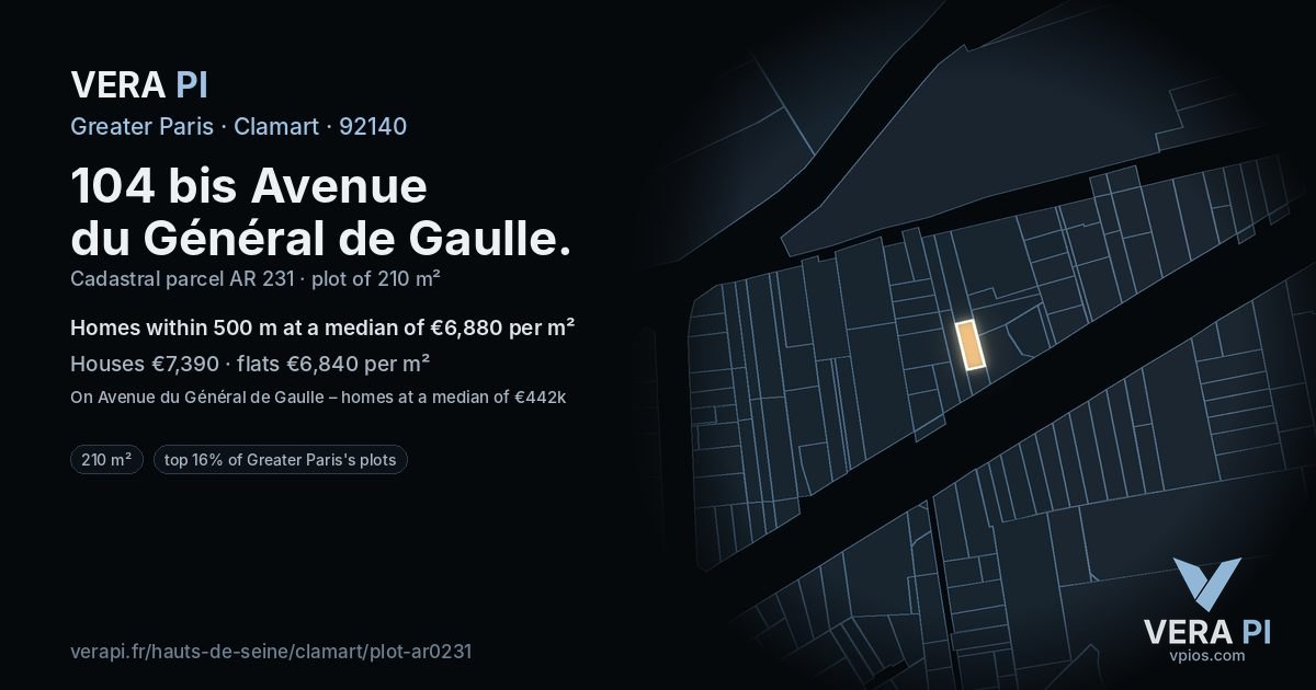 104 bis Avenue du Général de Gaulle, Clamart at night – the plot lit, the parcels around coloured by the prices near them
