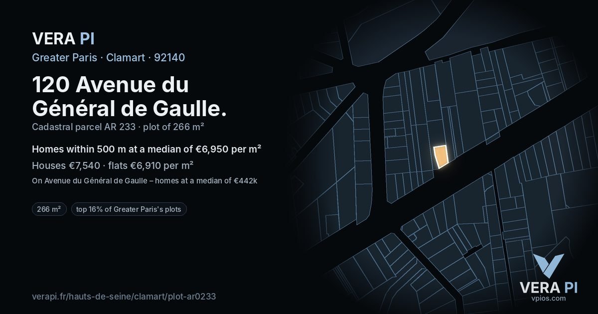 120 Avenue du Général de Gaulle, Clamart at night – the plot lit, the parcels around coloured by the prices near them