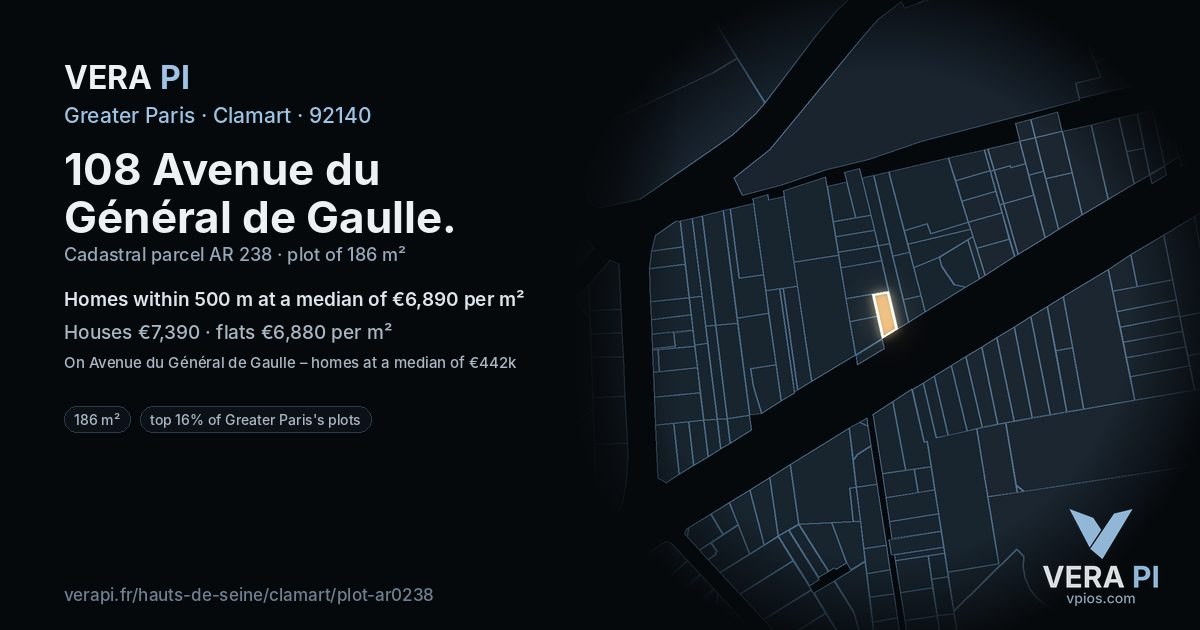 108 Avenue du Général de Gaulle, Clamart at night – the plot lit, the parcels around coloured by the prices near them