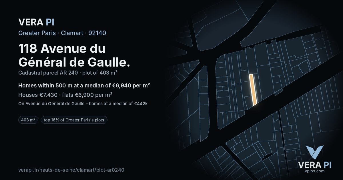 118 Avenue du Général de Gaulle, Clamart at night – the plot lit, the parcels around coloured by the prices near them