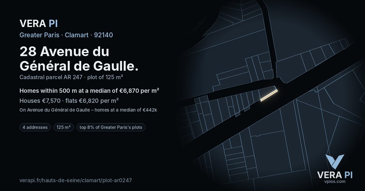 28 Avenue du Général de Gaulle, Clamart at night – the plot lit, the parcels around coloured by the prices near them