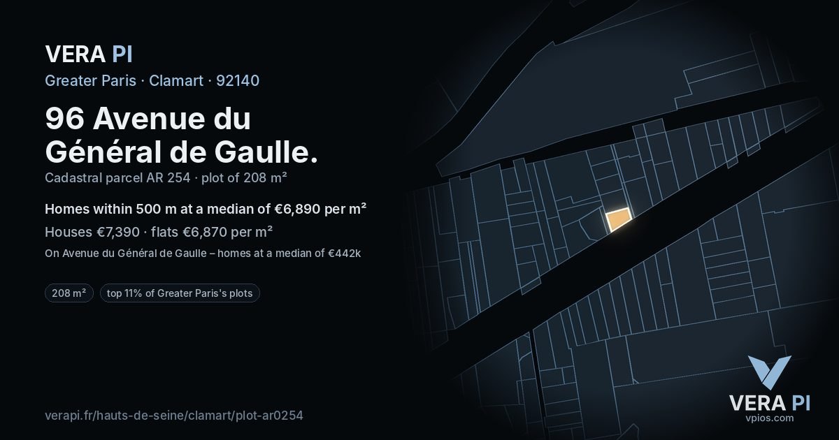 96 Avenue du Général de Gaulle, Clamart at night – the plot lit, the parcels around coloured by the prices near them