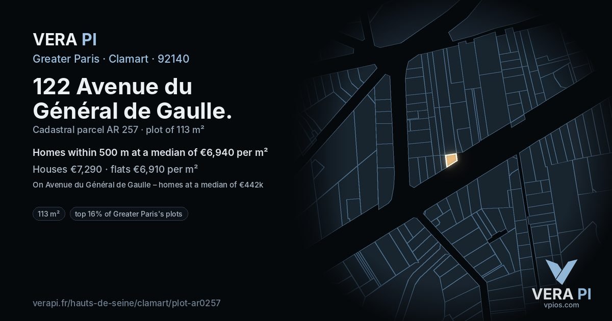 122 Avenue du Général de Gaulle, Clamart at night – the plot lit, the parcels around coloured by the prices near them