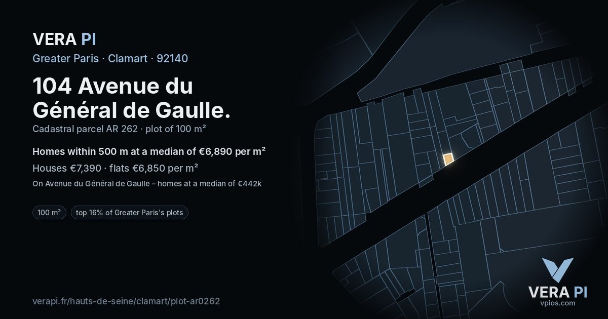 104 Avenue du Général de Gaulle, Clamart at night – the plot lit, the parcels around coloured by the prices near them