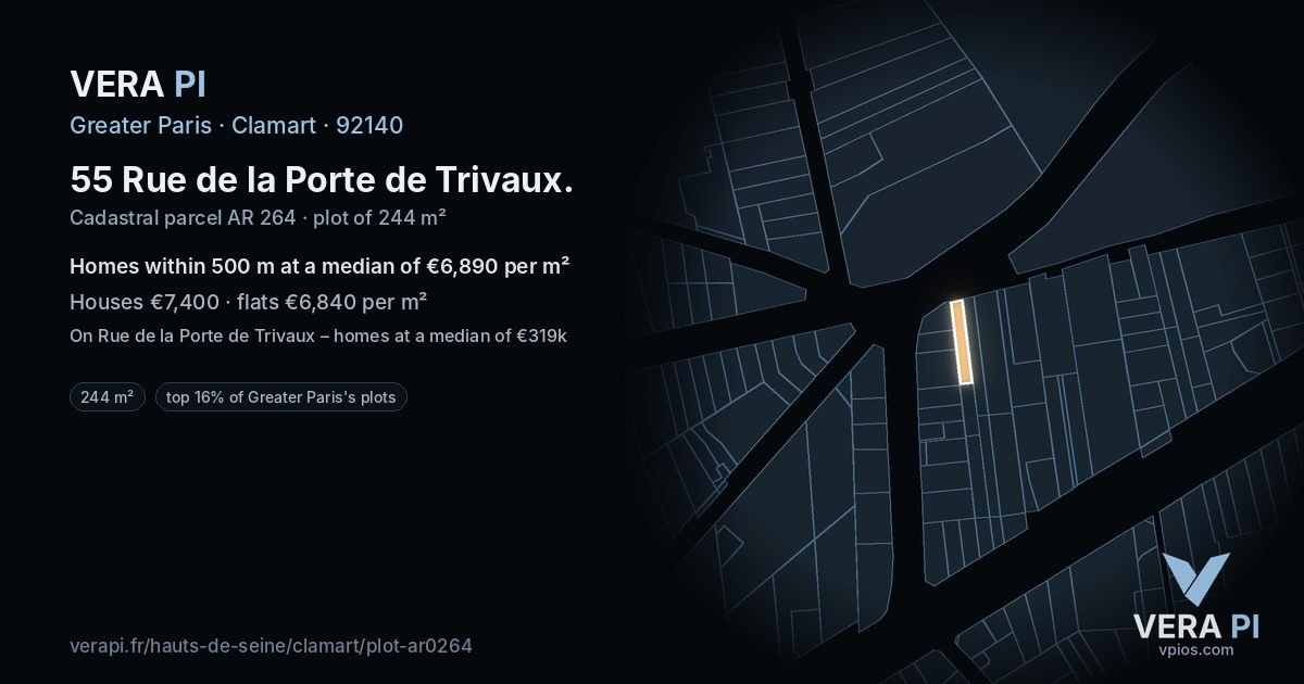 55 Rue de la Porte de Trivaux, Clamart at night – the plot lit, the parcels around coloured by the prices near them