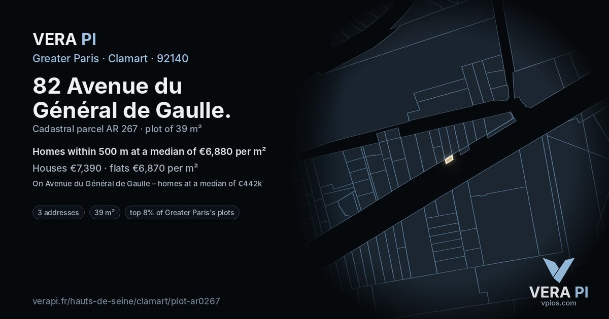 82 Avenue du Général de Gaulle, Clamart at night – the plot lit, the parcels around coloured by the prices near them