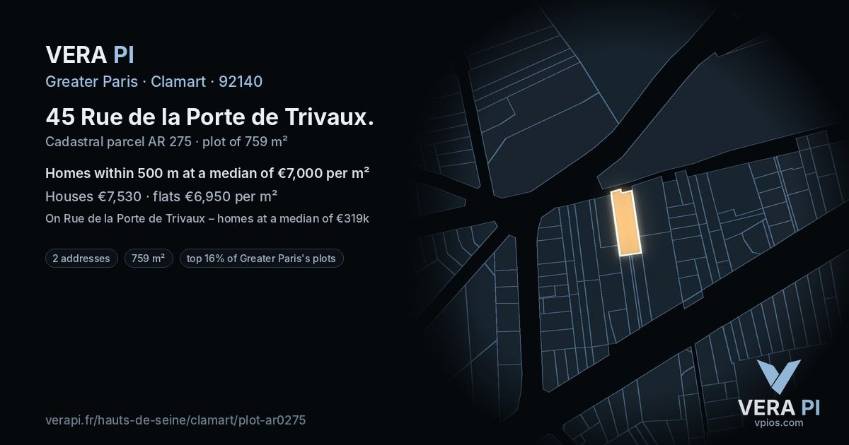 45 Rue de la Porte de Trivaux, Clamart at night – the plot lit, the parcels around coloured by the prices near them