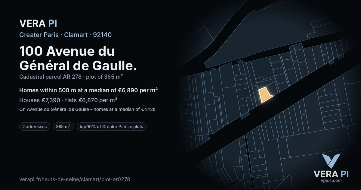 100 Avenue du Général de Gaulle, Clamart at night – the plot lit, the parcels around coloured by the prices near them