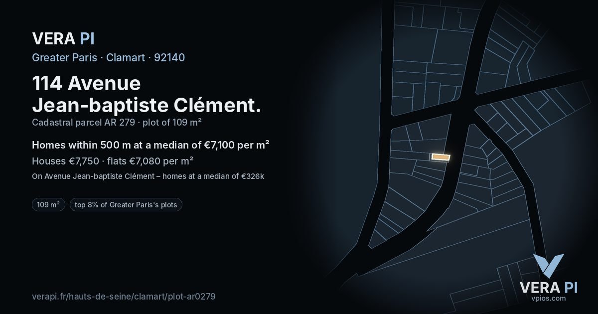 114 Avenue Jean-baptiste Clément, Clamart at night – the plot lit, the parcels around coloured by the prices near them