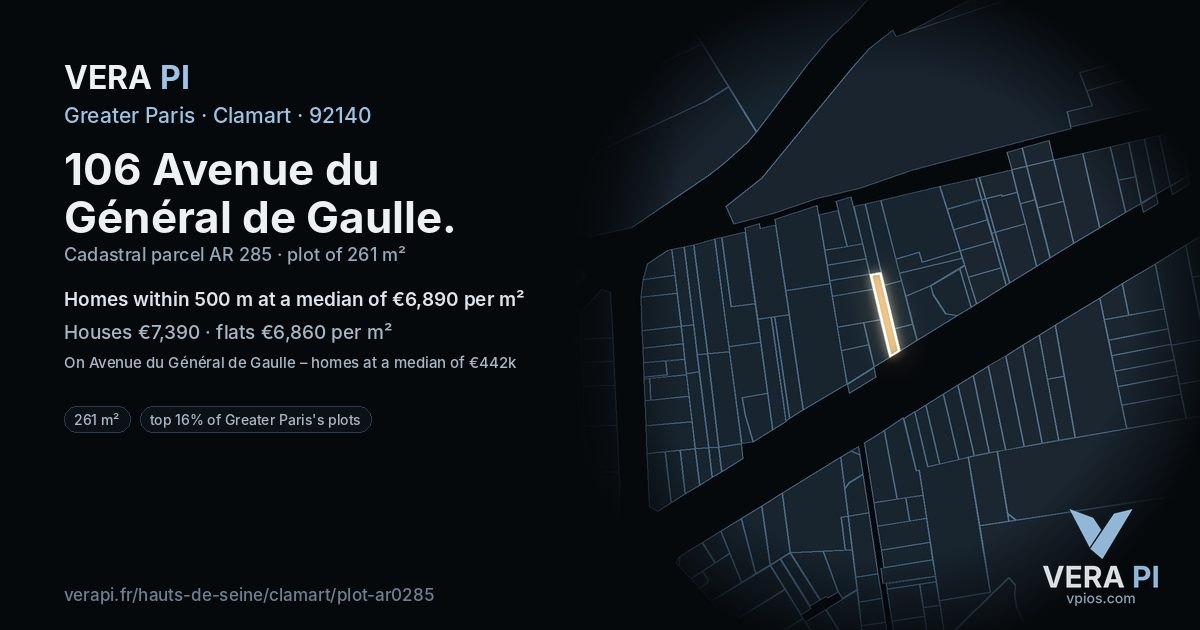 106 Avenue du Général de Gaulle, Clamart at night – the plot lit, the parcels around coloured by the prices near them