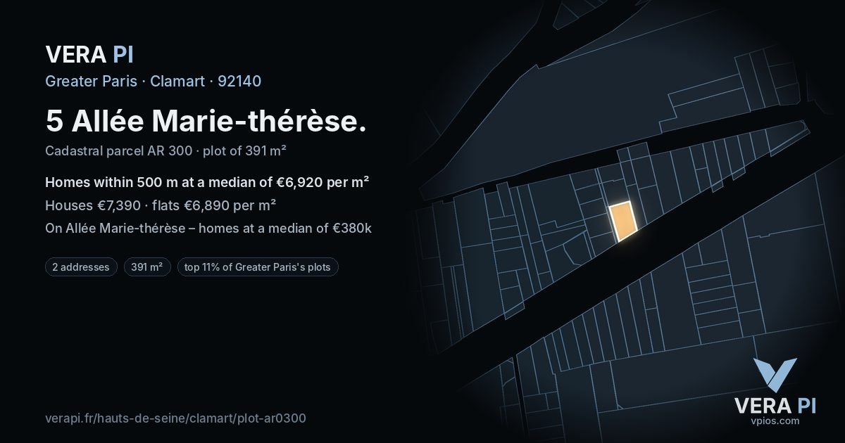 5 Allée Marie-thérèse, Clamart at night – the plot lit, the parcels around coloured by the prices near them