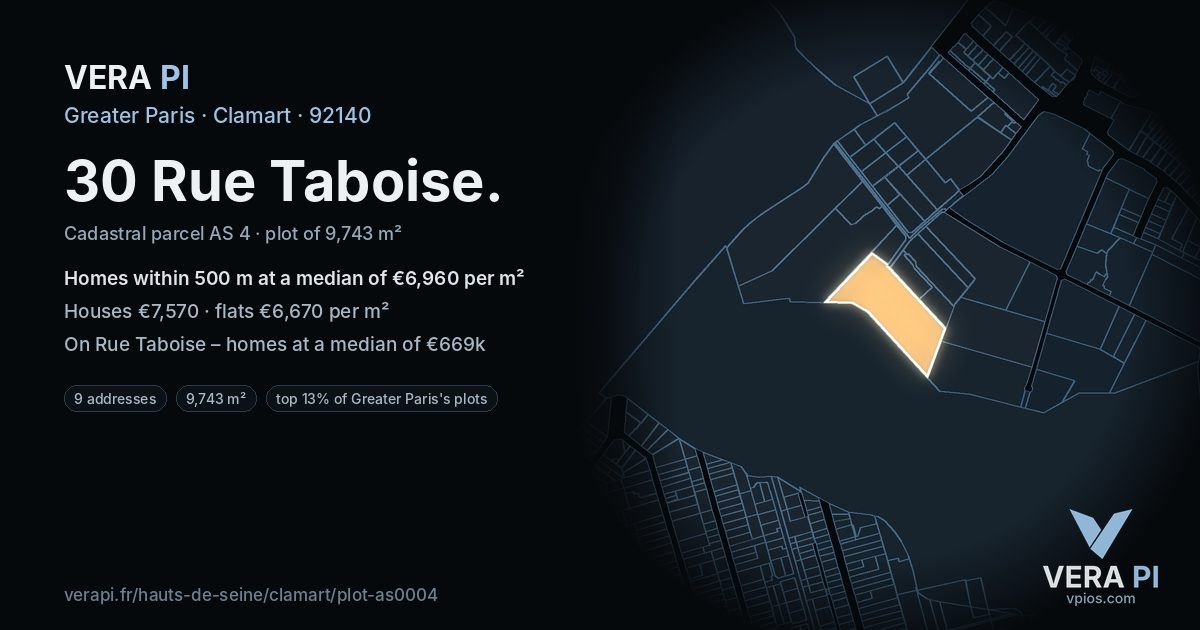30 Rue Taboise, Clamart at night – the plot lit, the parcels around coloured by the prices near them