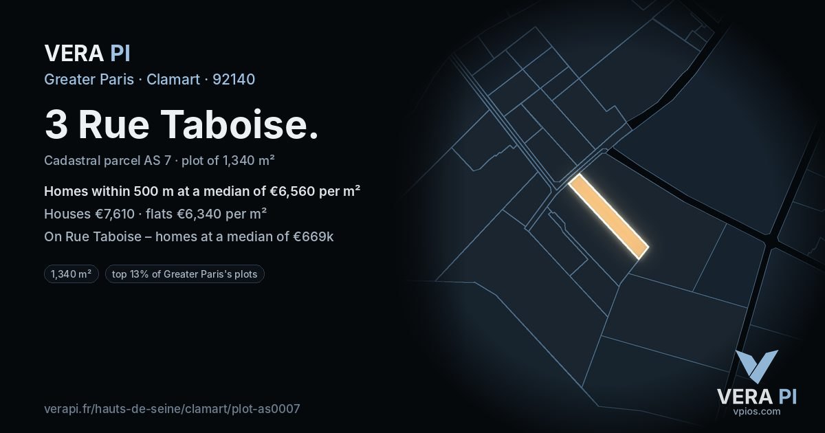 3 Rue Taboise, Clamart at night – the plot lit, the parcels around coloured by the prices near them