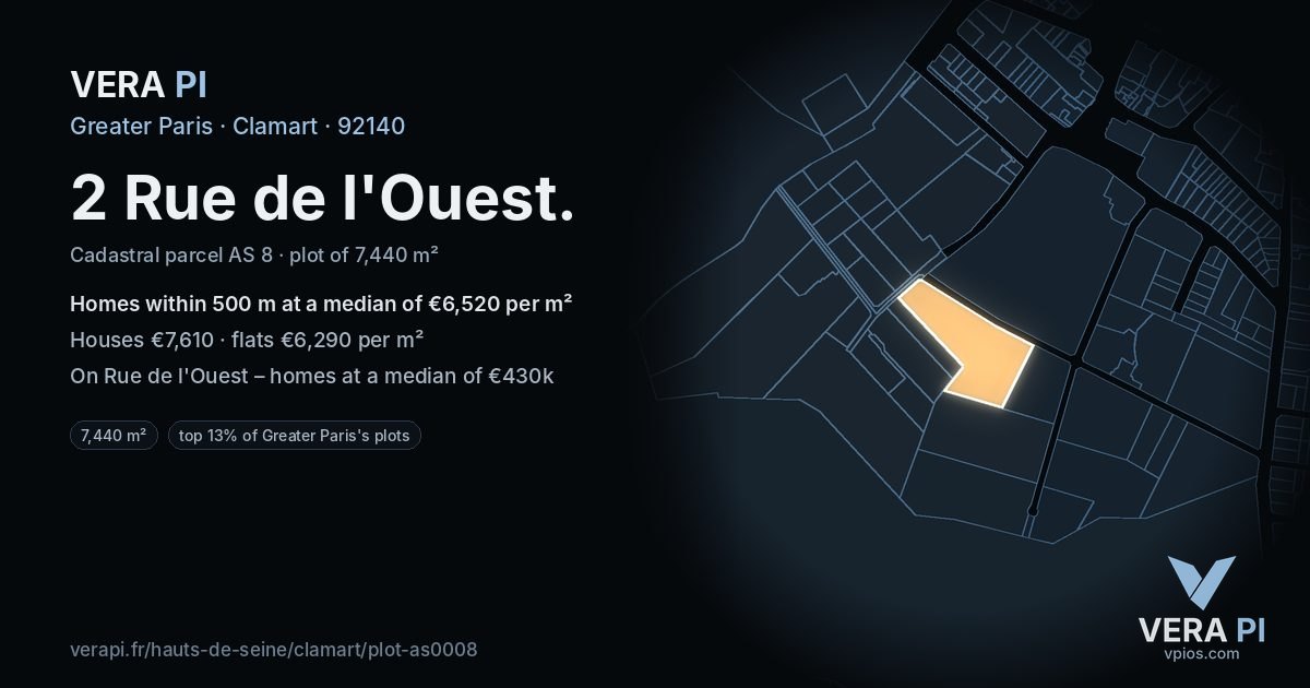 2 Rue de l'Ouest, Clamart at night – the plot lit, the parcels around coloured by the prices near them