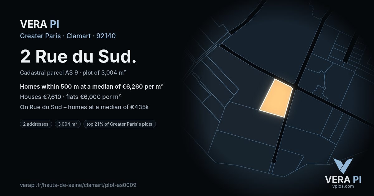 2 Rue du Sud, Clamart at night – the plot lit, the parcels around coloured by the prices near them