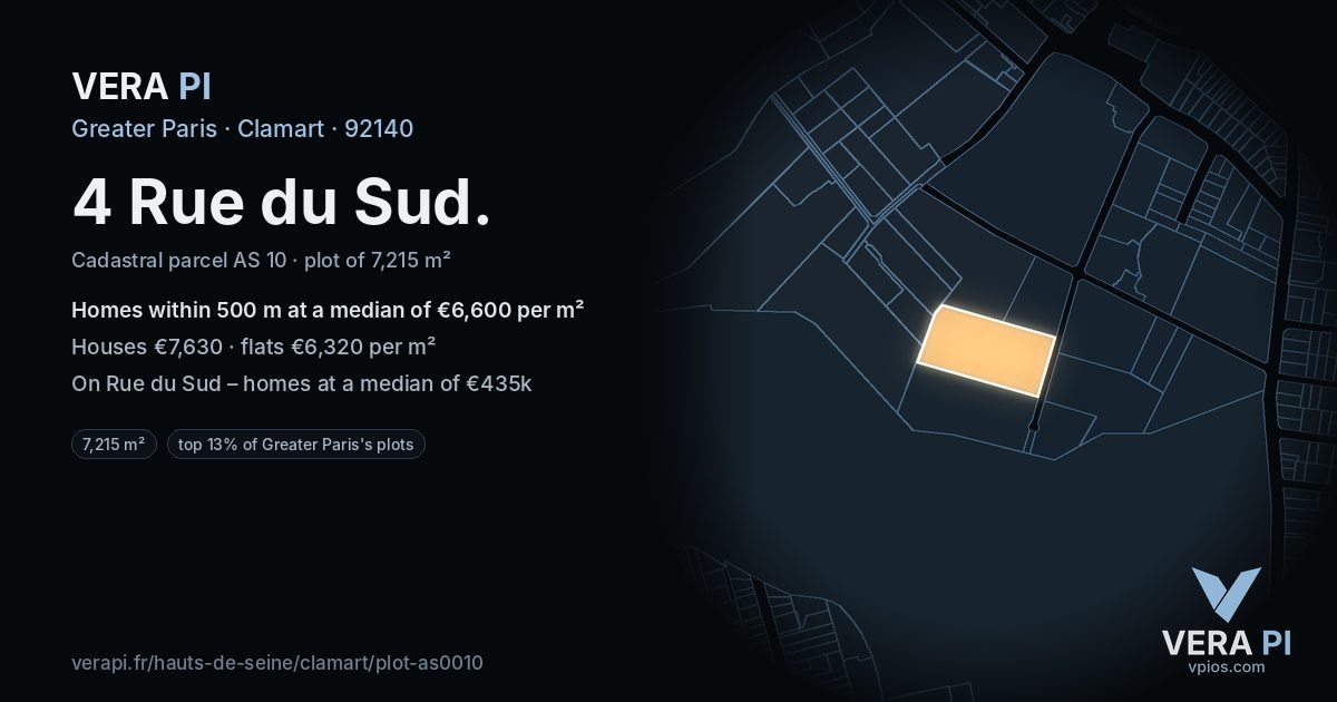 4 Rue du Sud, Clamart at night – the plot lit, the parcels around coloured by the prices near them