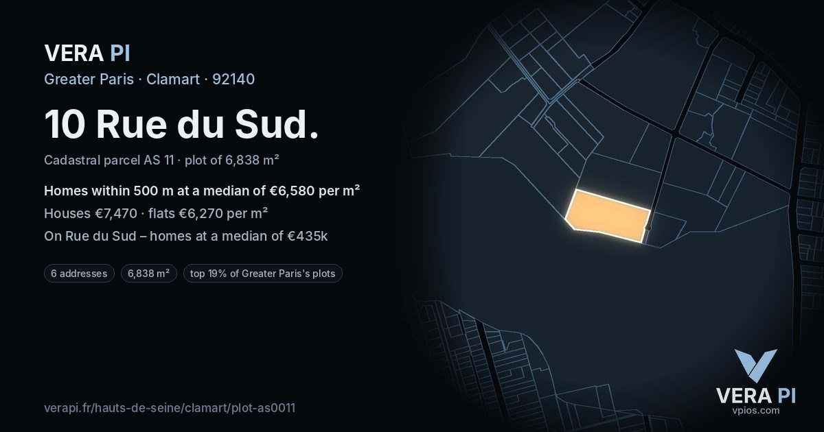 10 Rue du Sud, Clamart at night – the plot lit, the parcels around coloured by the prices near them
