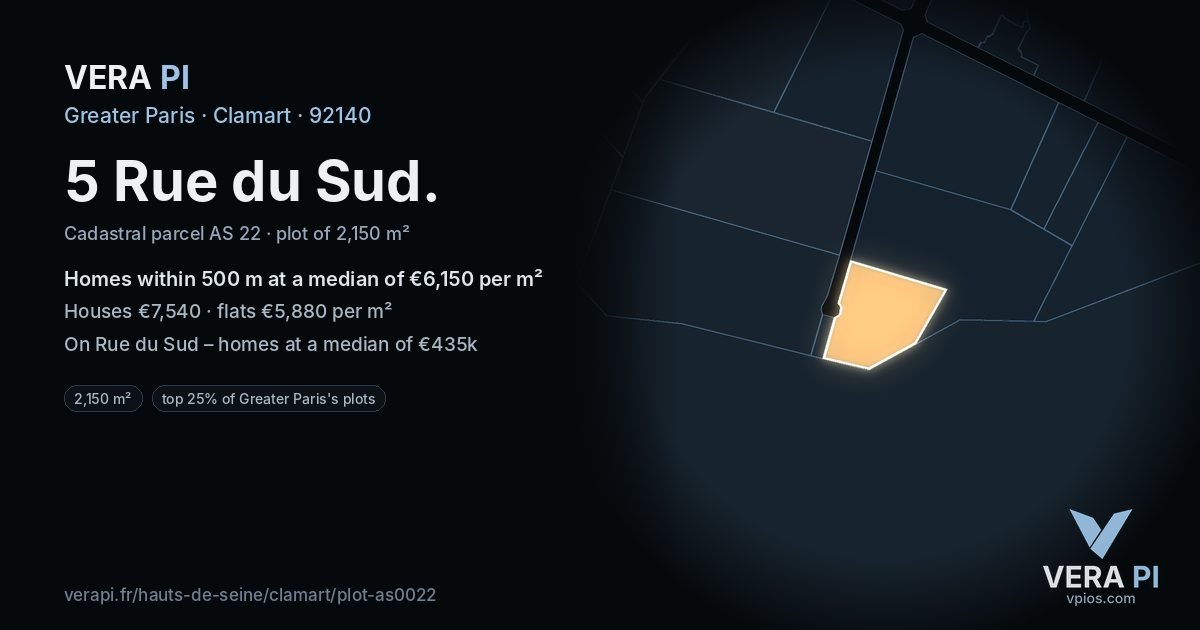 5 Rue du Sud, Clamart at night – the plot lit, the parcels around coloured by the prices near them