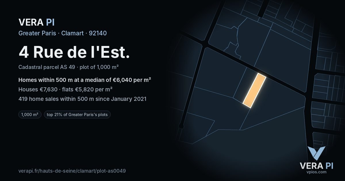 4 Rue de l'Est, Clamart at night – the plot lit, the parcels around coloured by the prices near them