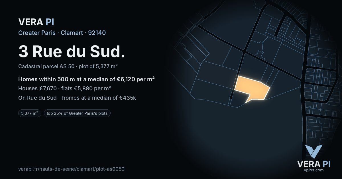 3 Rue du Sud, Clamart at night – the plot lit, the parcels around coloured by the prices near them