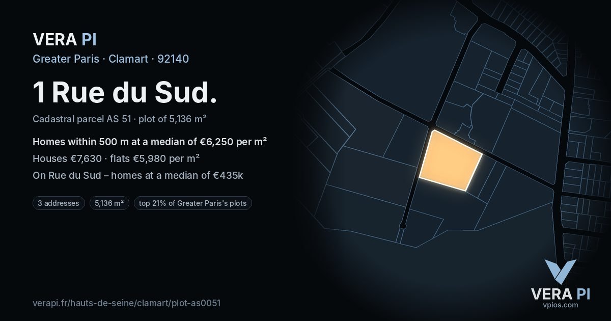 1 Rue du Sud, Clamart at night – the plot lit, the parcels around coloured by the prices near them