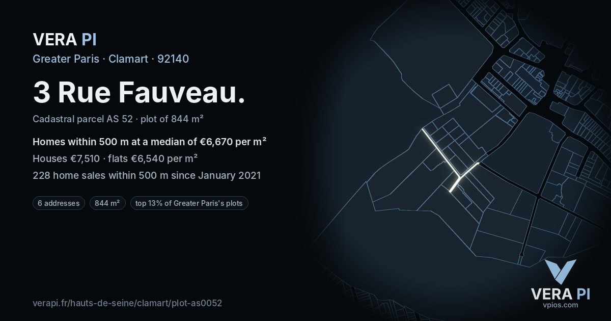 3 Rue Fauveau, Clamart at night – the plot lit, the parcels around coloured by the prices near them