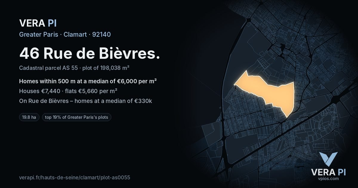 46 Rue de Bièvres, Clamart at night – the plot lit, the parcels around coloured by the prices near them