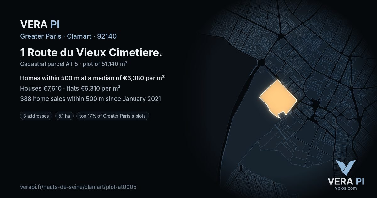 1 Route du Vieux Cimetiere, Clamart at night – the plot lit, the parcels around coloured by the prices near them