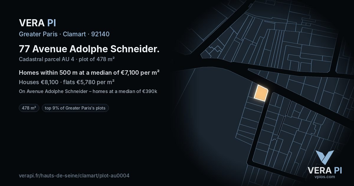 77 Avenue Adolphe Schneider, Clamart at night – the plot lit, the parcels around coloured by the prices near them