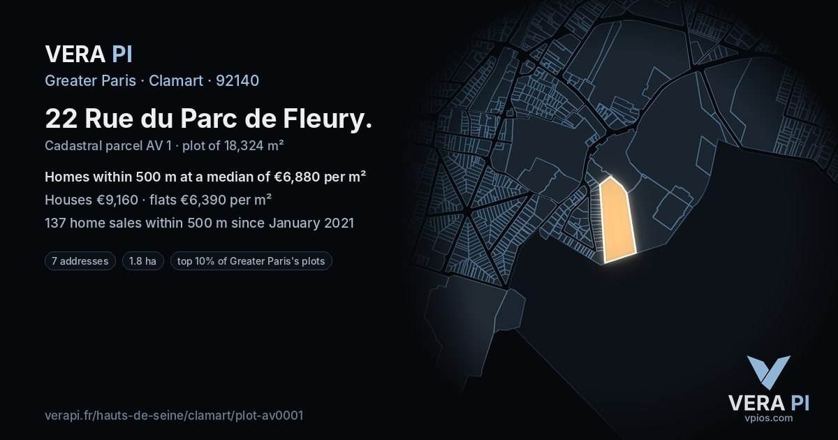 22 Rue du Parc de Fleury, Clamart at night – the plot lit, the parcels around coloured by the prices near them