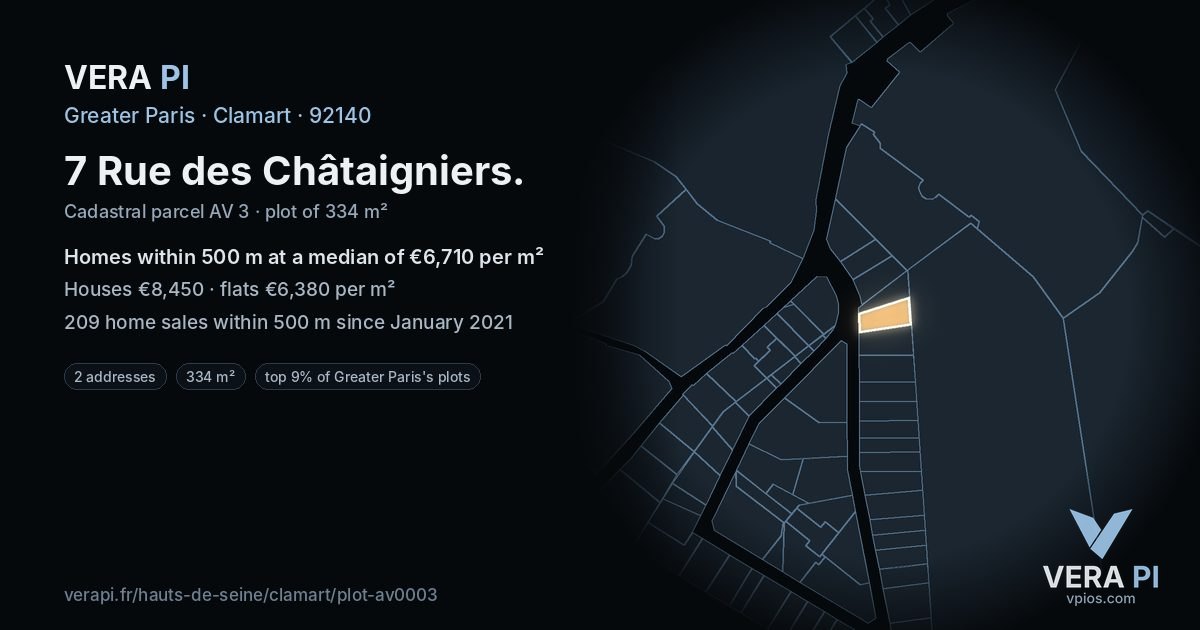 7 Rue des Châtaigniers, Clamart at night – the plot lit, the parcels around coloured by the prices near them
