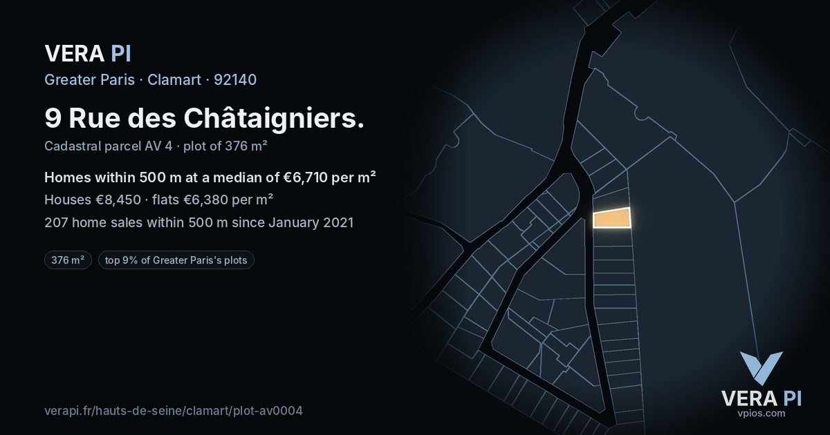 9 Rue des Châtaigniers, Clamart at night – the plot lit, the parcels around coloured by the prices near them