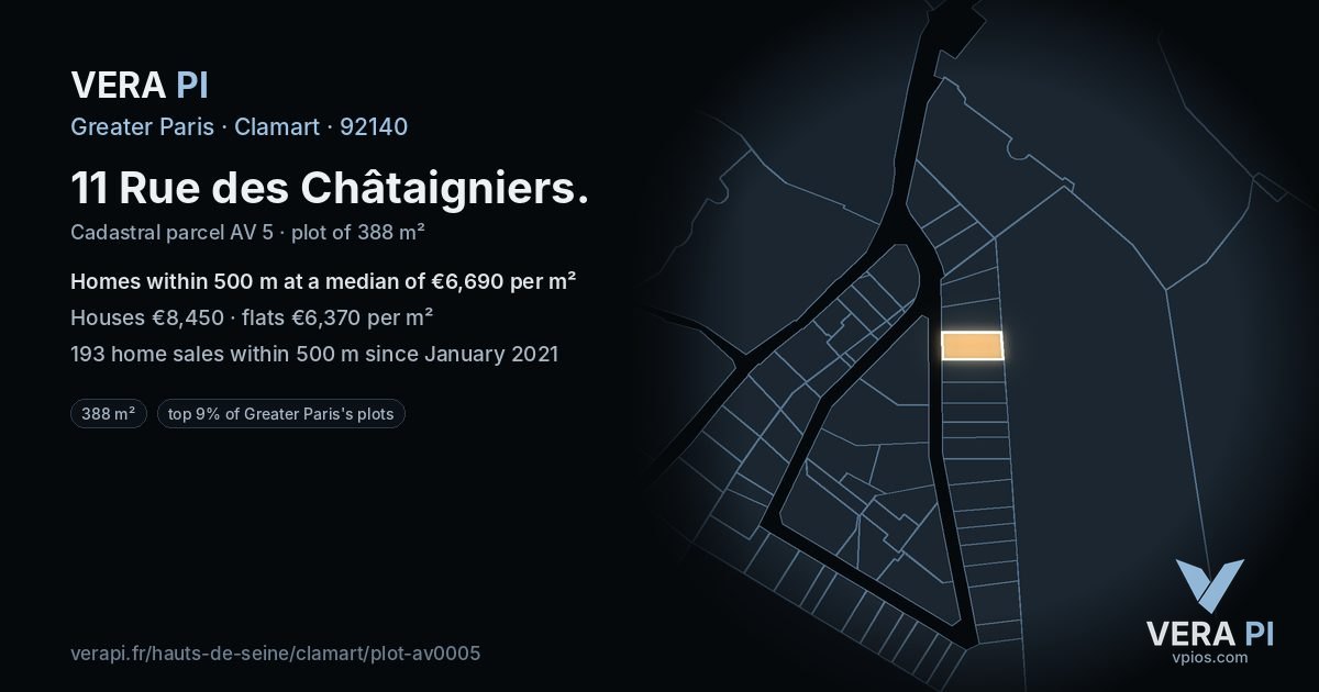 11 Rue des Châtaigniers, Clamart at night – the plot lit, the parcels around coloured by the prices near them