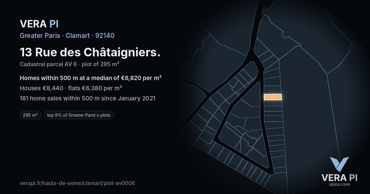 13 Rue des Châtaigniers, Clamart at night – the plot lit, the parcels around coloured by the prices near them