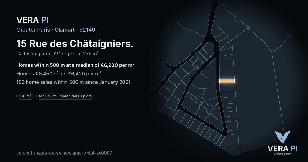 15 Rue des Châtaigniers, Clamart at night – the plot lit, the parcels around coloured by the prices near them