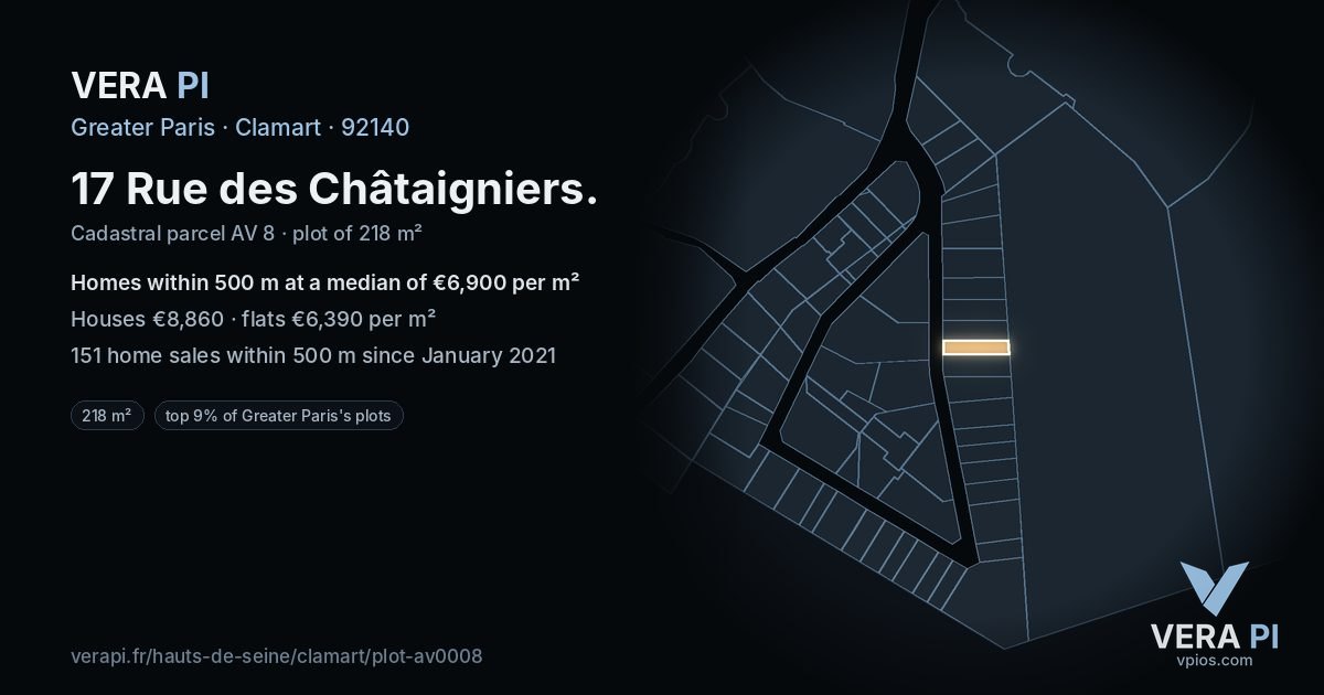 17 Rue des Châtaigniers, Clamart at night – the plot lit, the parcels around coloured by the prices near them