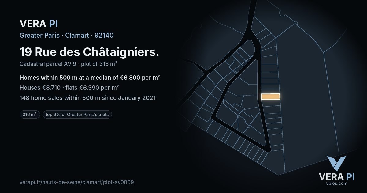 19 Rue des Châtaigniers, Clamart at night – the plot lit, the parcels around coloured by the prices near them