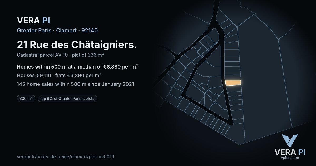 21 Rue des Châtaigniers, Clamart at night – the plot lit, the parcels around coloured by the prices near them