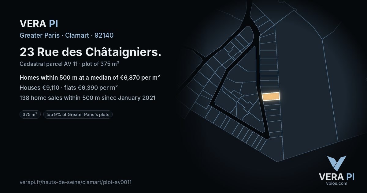 23 Rue des Châtaigniers, Clamart at night – the plot lit, the parcels around coloured by the prices near them