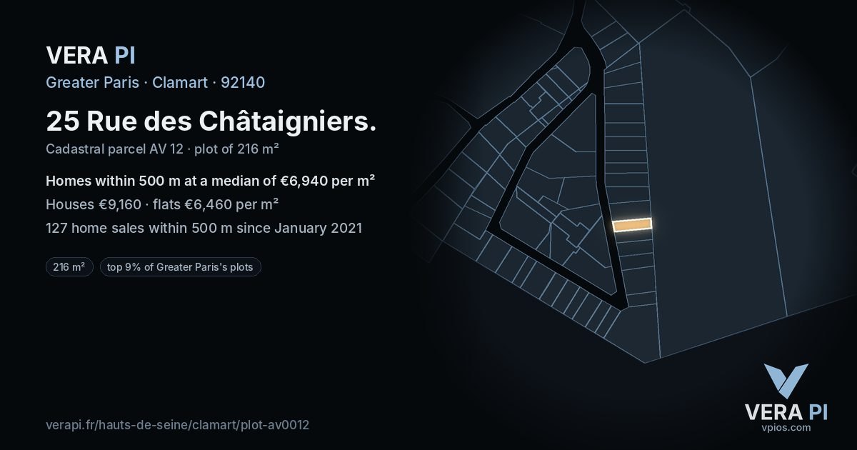 25 Rue des Châtaigniers, Clamart at night – the plot lit, the parcels around coloured by the prices near them