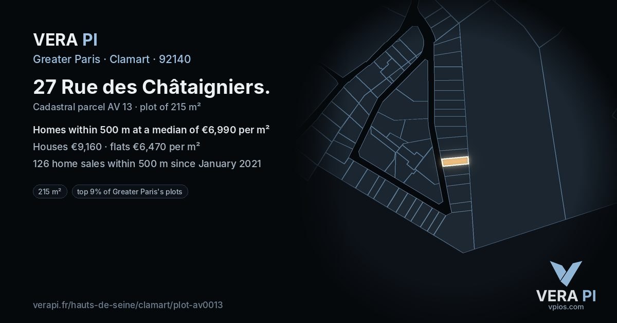 27 Rue des Châtaigniers, Clamart at night – the plot lit, the parcels around coloured by the prices near them