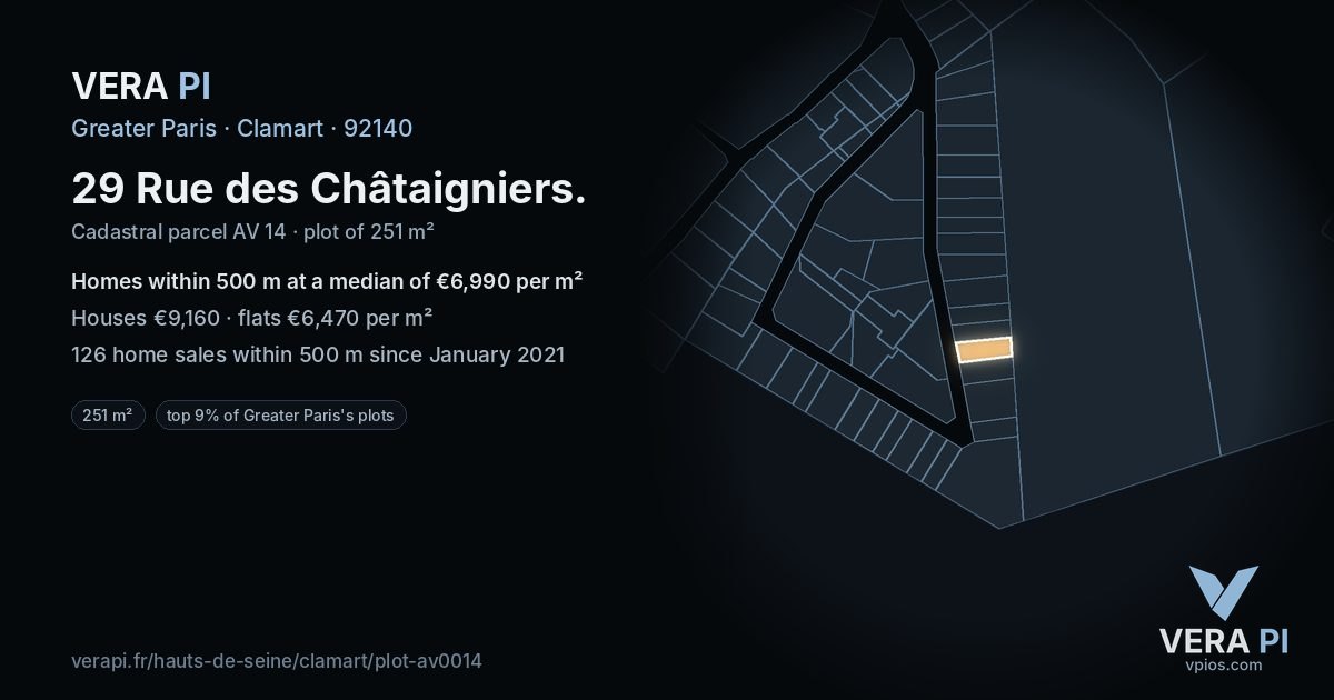 29 Rue des Châtaigniers, Clamart at night – the plot lit, the parcels around coloured by the prices near them