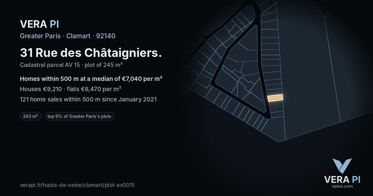 31 Rue des Châtaigniers, Clamart at night – the plot lit, the parcels around coloured by the prices near them